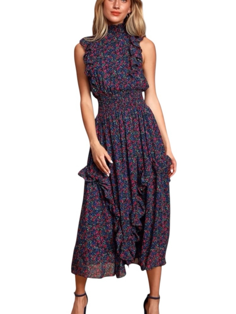 EUC Lulus Navy Floral Ruffle Midi Dress Med Romantic Coquette Cottagecore